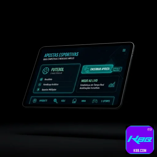 App k8b.com no celular com visual glassmorphism